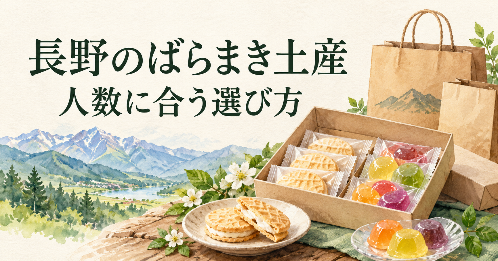 個包装の果実菓子と焼き菓子を描いた長野のお土産選びのイラスト