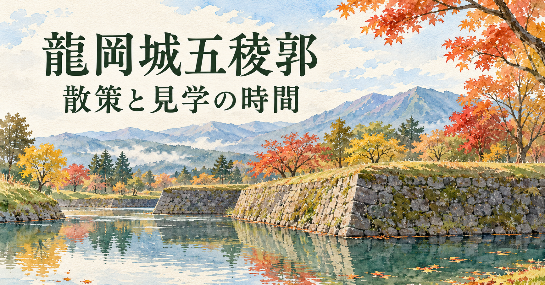 龍岡城の散策をイメージした濠と石垣、秋の山並みのイラスト。現地写真や案内図ではありません