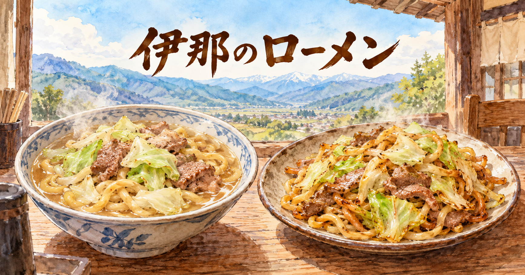 ローメンは伊那と高遠で違う？地域より「スープ風・焼きそば風」で選ぶの主題を描いたイメージイラスト。実景や商品そのものの写真ではありません。
