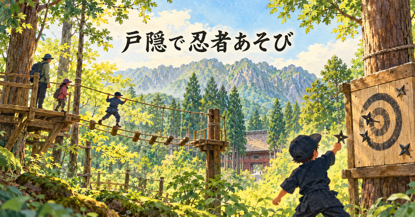チビッ子忍者村の所要時間は？2〜3時間の計画例と券の選び方の主題を描いたイメージイラスト。実景や商品そのものの写真ではありません。