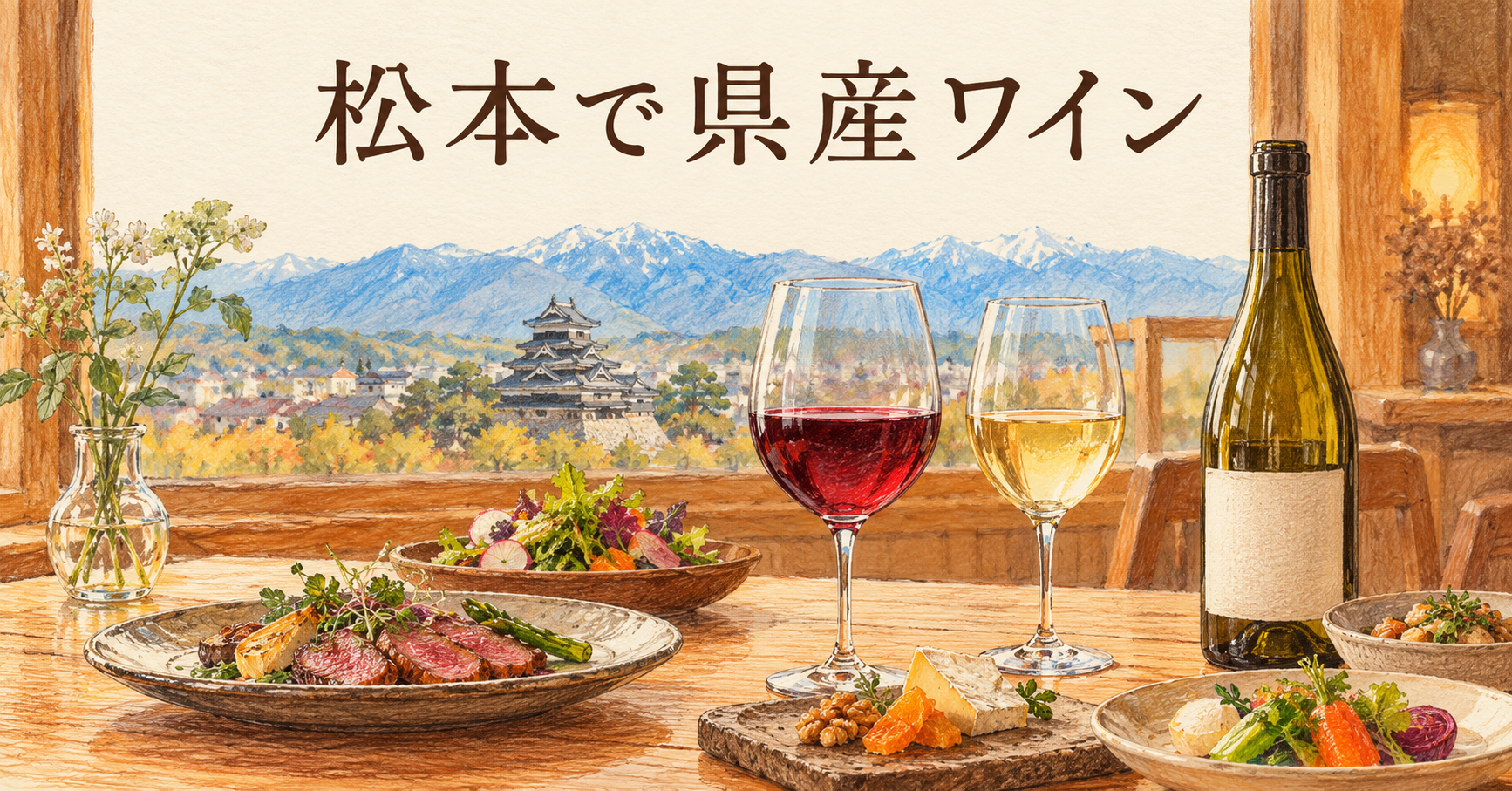 ワインカフェサルトは松本市大手｜県産ワインと食事を楽しむ前の確認点の主題を描いたイメージイラスト。実景や商品そのものの写真ではありません。