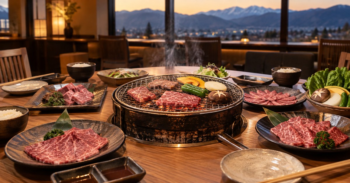 長野の山並みを望む焼肉店のテーブルと牛肉・野菜