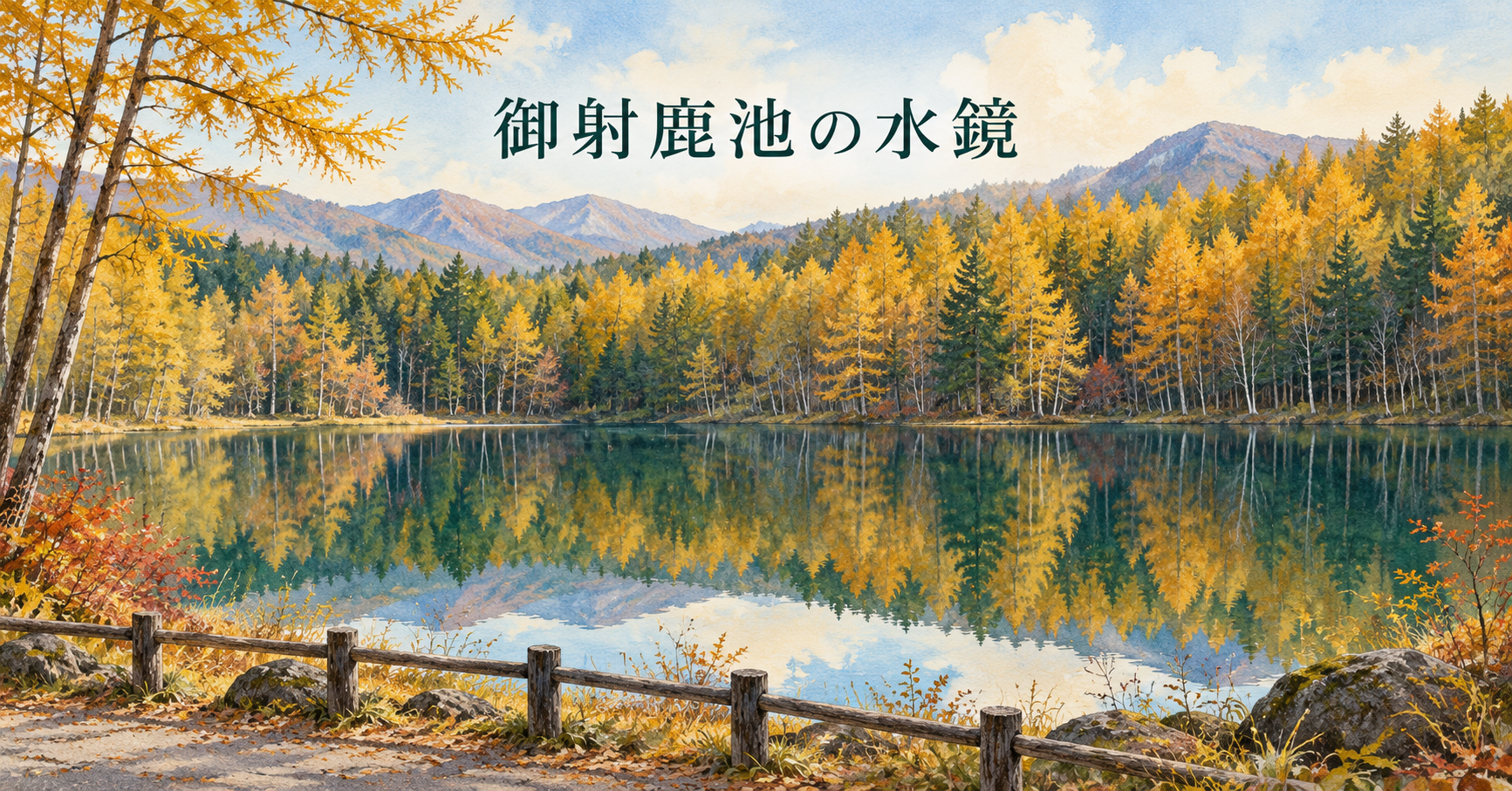 御射鹿池はCMのどこ？撮影場所のルール・水鏡とアクセスの確認の主題を描いたイメージイラスト。実景や商品そのものの写真ではありません。