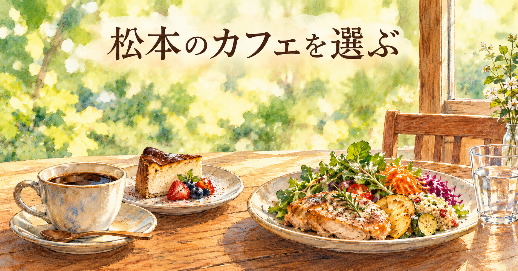 松本市のカフェ5選｜松本駅・中町・松本城周辺で目的別に選ぶの主題を描いたイメージイラスト。実景や商品そのものの写真ではありません。